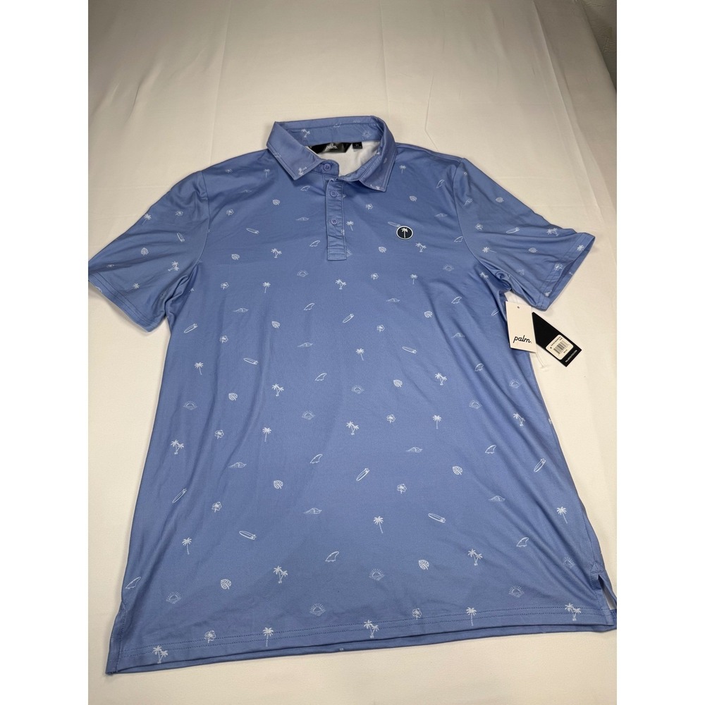 Palm Golf Beachside Polo Mens Medium Blue Tropical Print Performance Shirt NEW